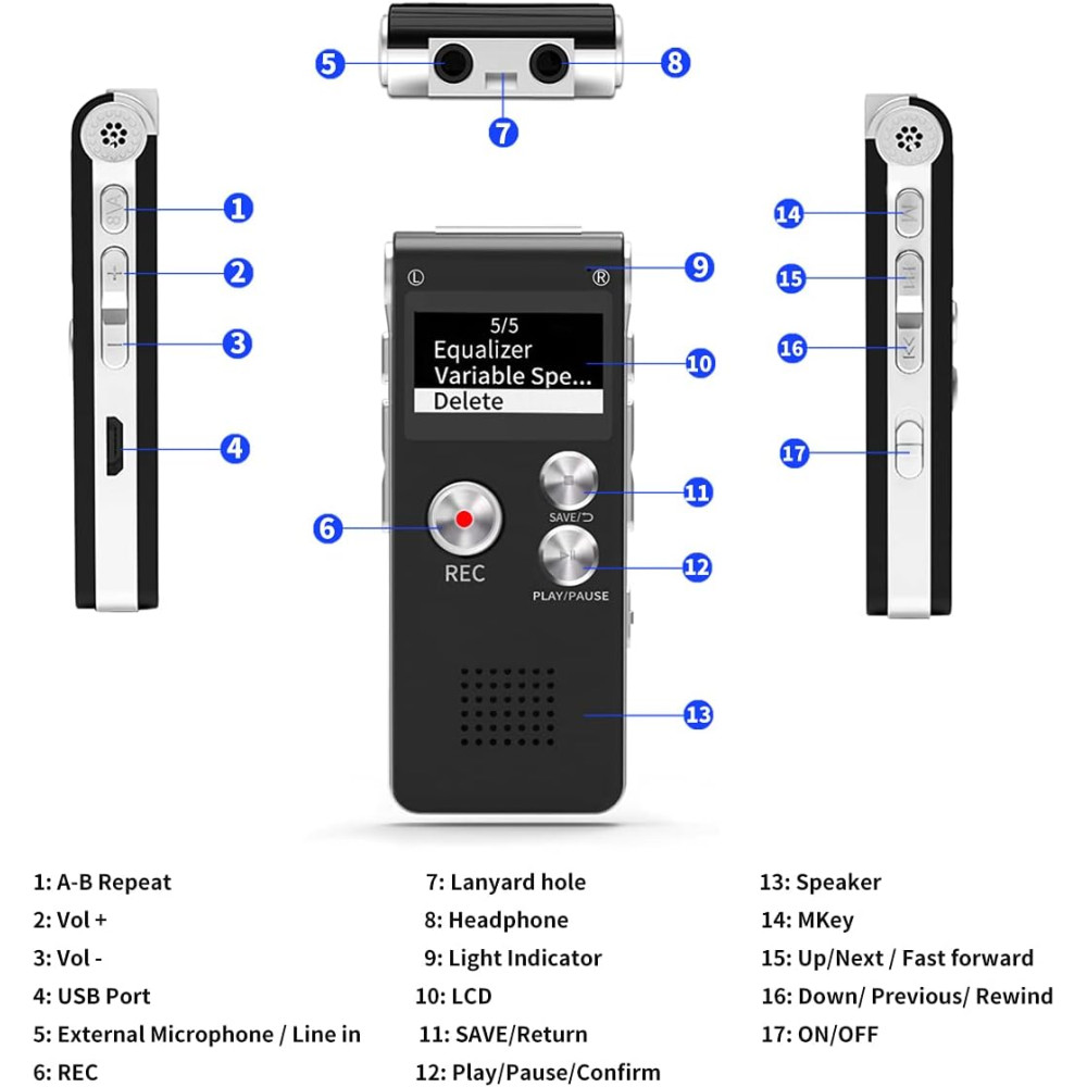 Цифровой аккумуляторный диктофон Fikyra 64GB MP3