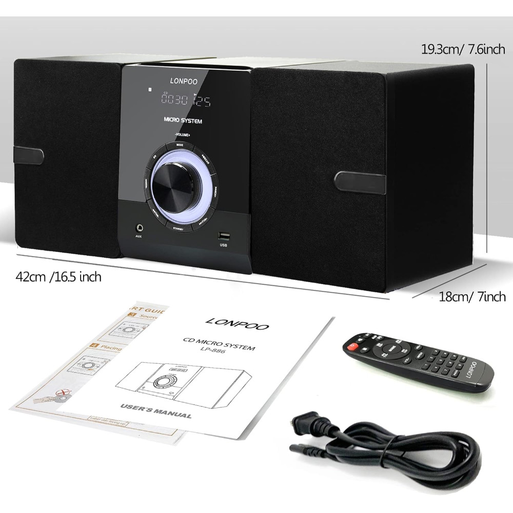 Музыкальный центр Hi-Fi микросистема LONPOO LP-886, 30 Вт CD Bluetooth USB FM AUX пульт ДУ
