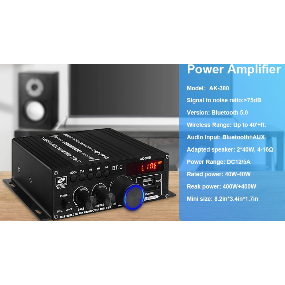 Усилитель звука Bluetooth 2×40W AK-380 HiFi USB SD FM AUX с пультом 12V