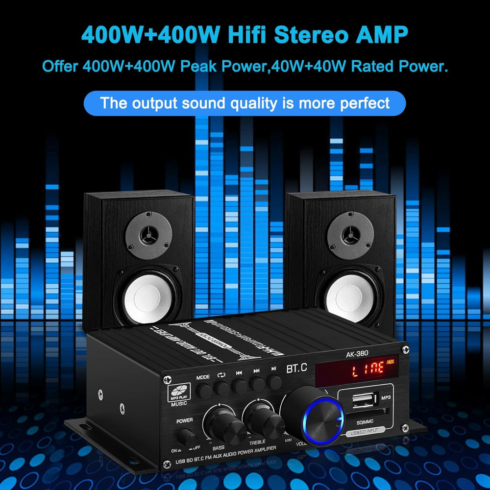 Усилитель звука Bluetooth 2×40W AK-380 HiFi USB SD FM AUX с пультом 12V