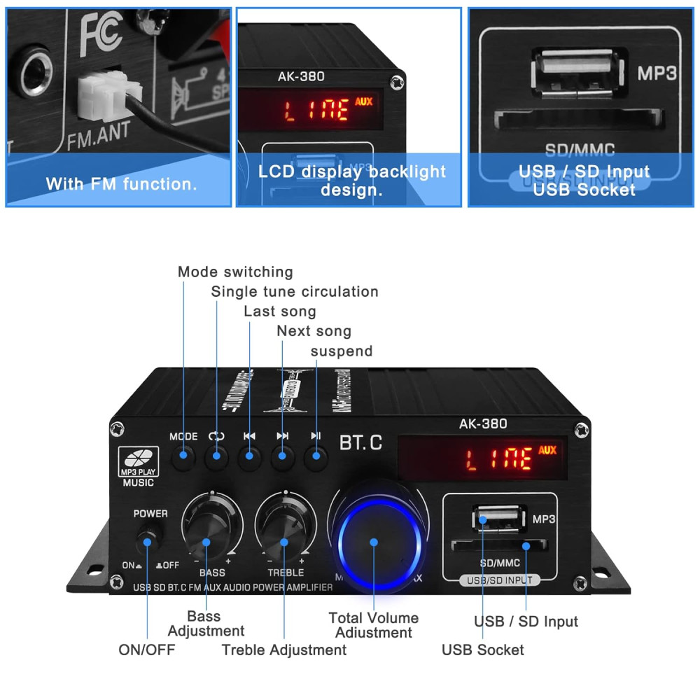 Усилитель звука Bluetooth 2×40W AK-380 HiFi USB SD FM AUX с пультом 12V