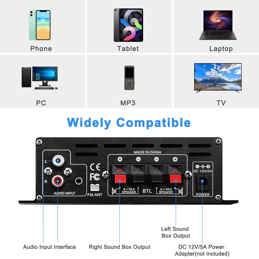 Усилитель звука Bluetooth 2×40W AK-380 HiFi USB SD FM AUX с пультом 12V