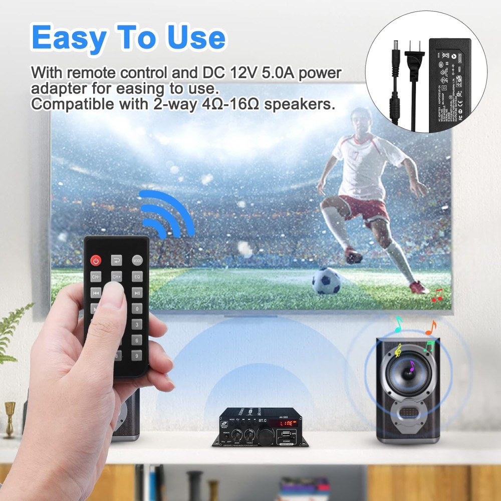 Усилитель звука Bluetooth 2×40W AK-380 HiFi USB SD FM AUX с пультом 12V