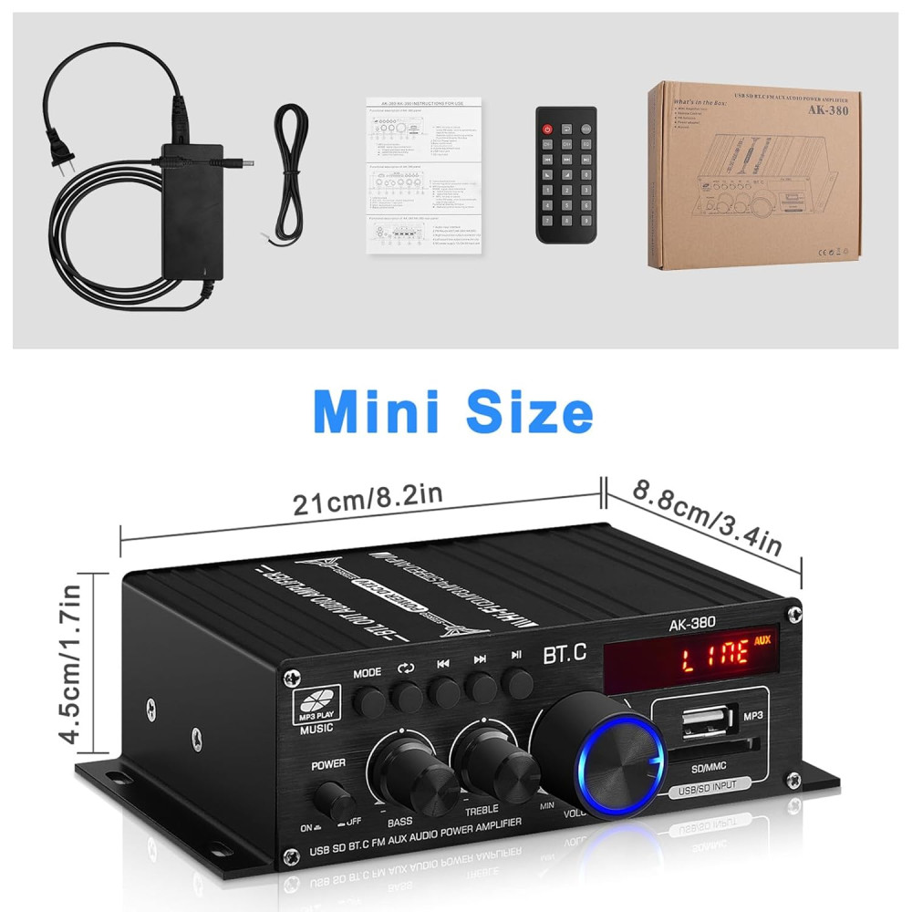 Усилитель звука Bluetooth 2×40W AK-380 HiFi USB SD FM AUX с пультом 12V