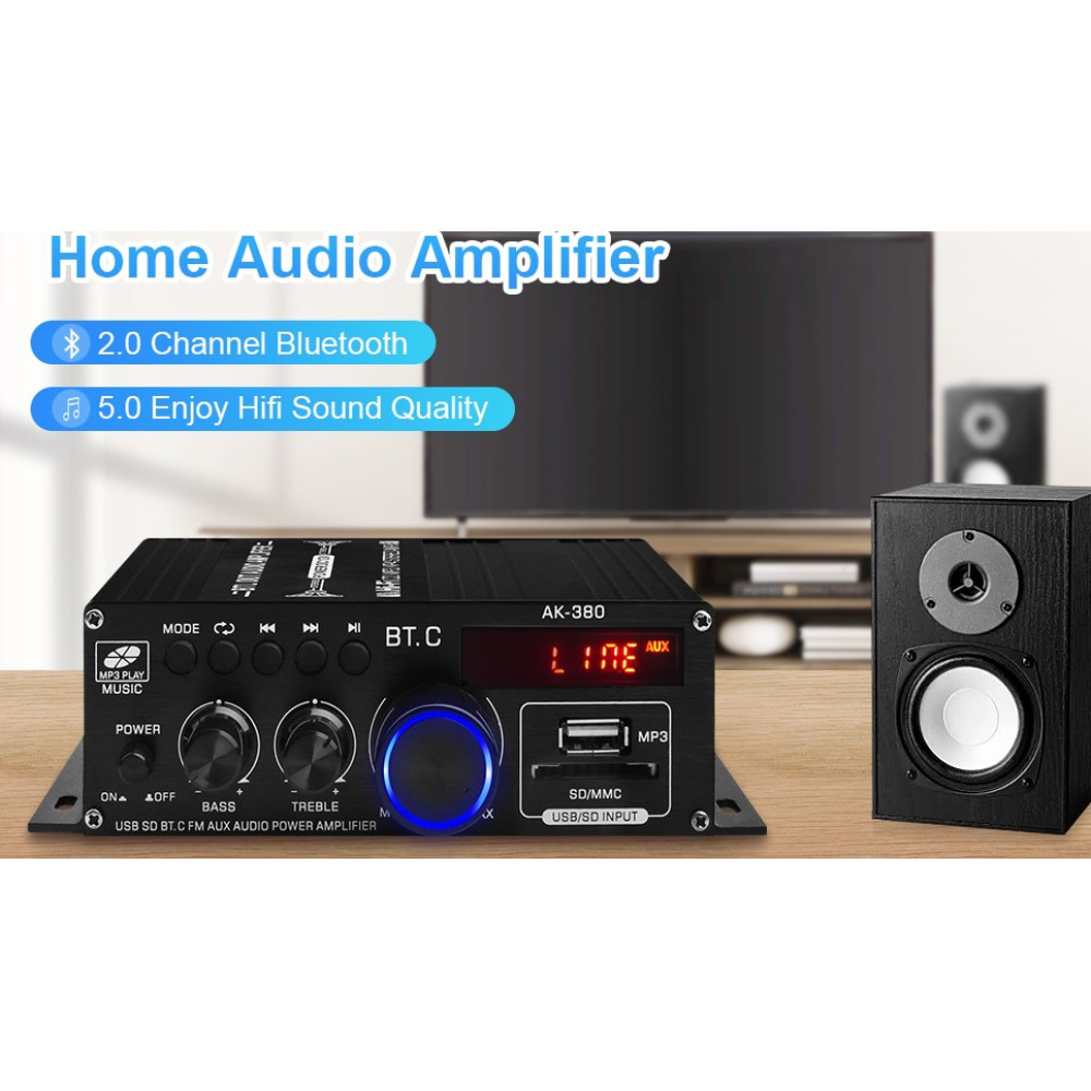 Усилитель звука Bluetooth 2×40W AK-380 HiFi USB SD FM AUX с пультом 12V