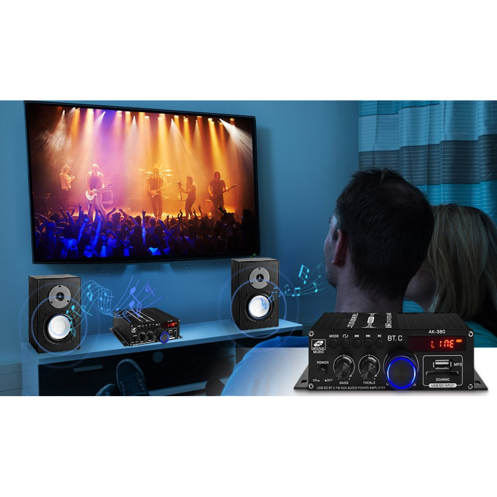 Усилитель звука Bluetooth 2×40W AK-380 HiFi USB SD FM AUX с пультом 12V