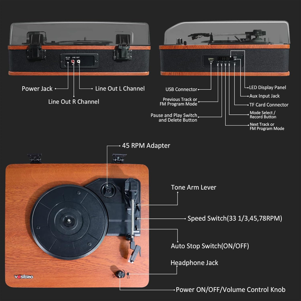 Виниловый проигрыватель Vosterio B 660 с Bluetooth и FM радио