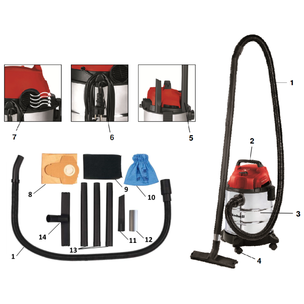 Вакуумный пылесос Einhell TC-VC 1812 S для сухой и влажной уборки с функцией выдува - 1250 Вт
