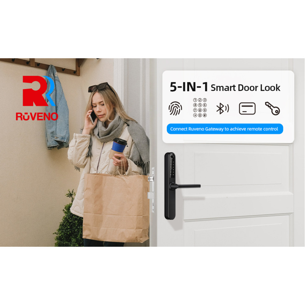 Умный дверной замок Ruveno с отпечатками пальцев, 5в1 (Bluetooth, Wi-Fi, ключ, отпечаток пальца, карта, клавиатура)