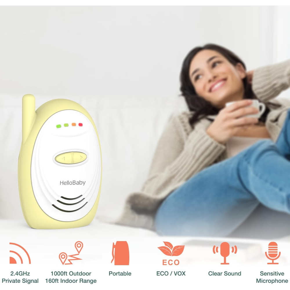 Цифровая Радионяня HelloBaby диапазон 2,4 ГГц до 300 м, Высокочувствительный Аудионянок с микрофоном