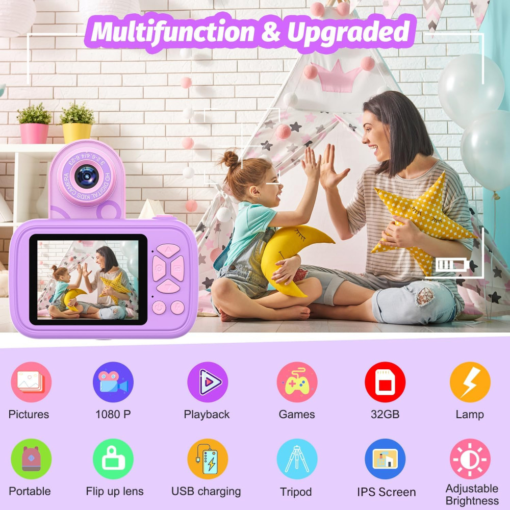 Детский фотоаппарат HOFIT с триподом, SD-карта на 32 ГБ, 1080P HD