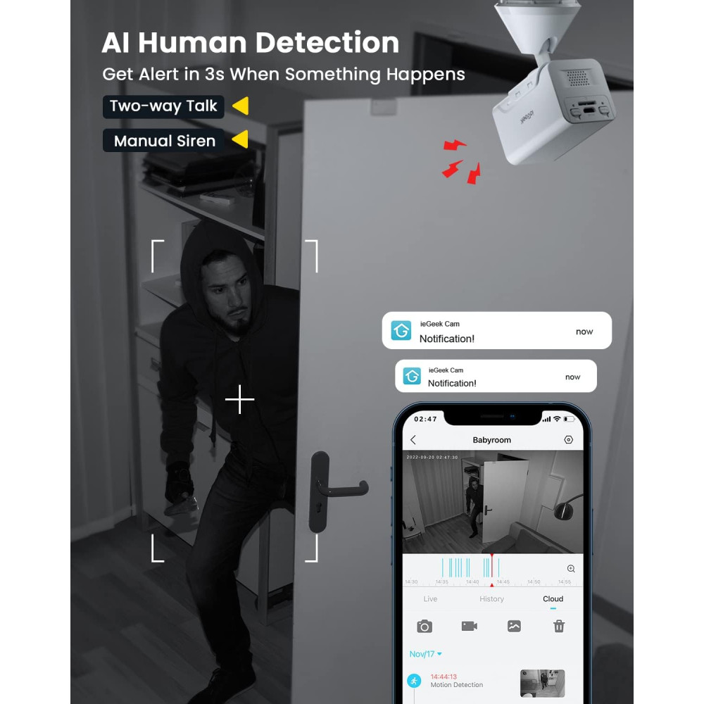 Беспроводная мини-камера видеонаблюдения ieGeek для дома (Wi-Fi, 1080P)