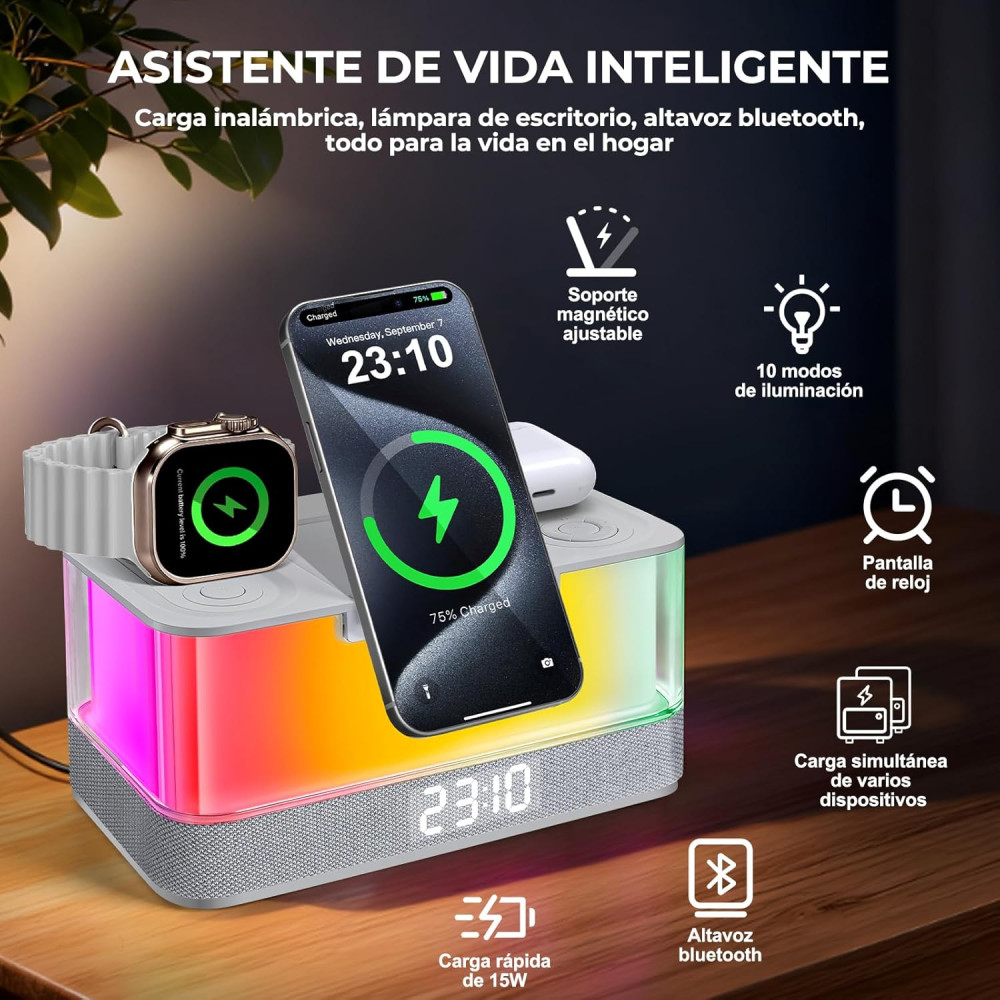 Многофункциональная беспроводная лампа Charmofun 4 в 1 с Bluetooth-колонкой, зарядной станцией и часами