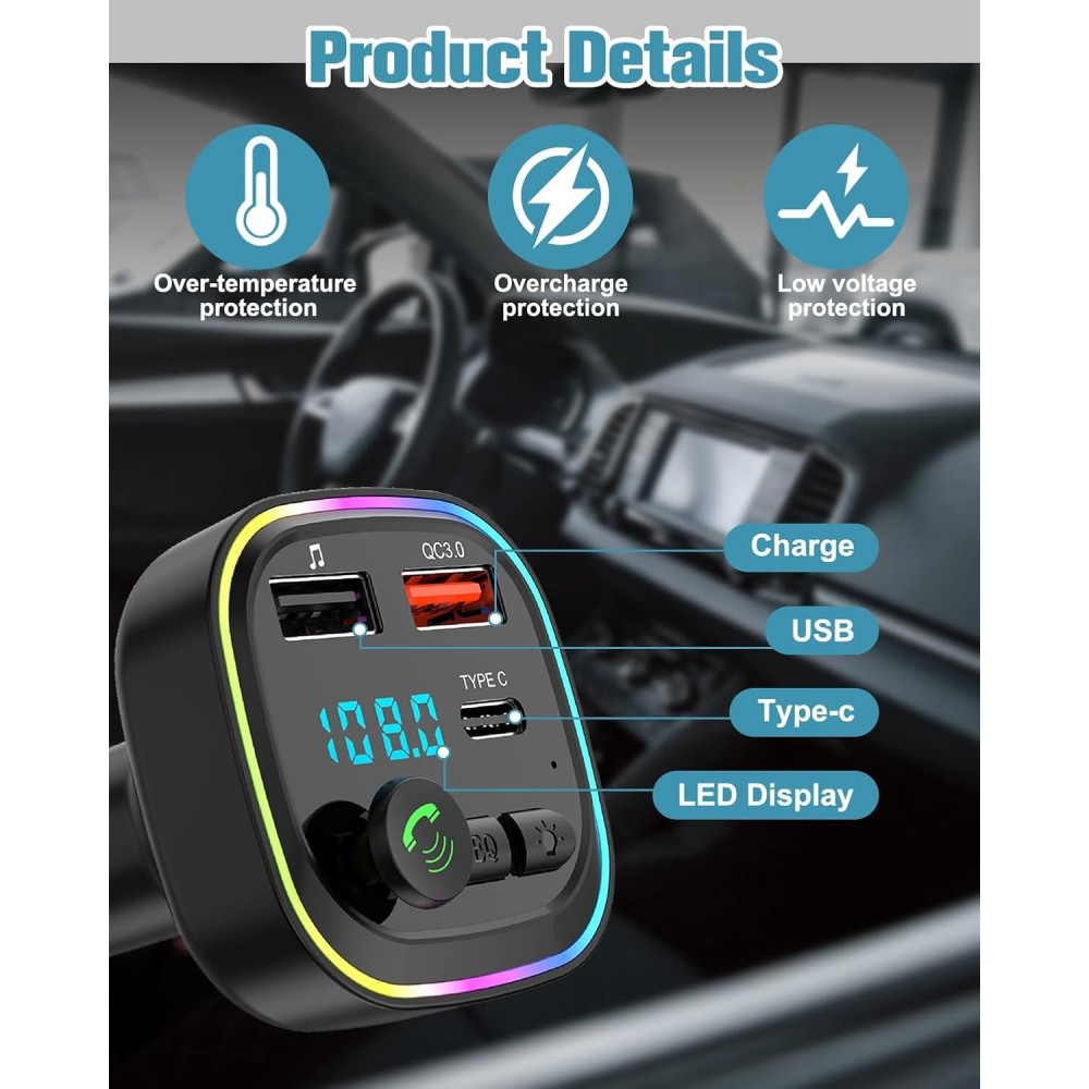 Автомобильный Bluetooth FM-трансмиттер с Bluetooth 5.0, быстрой зарядкой и 3 портами