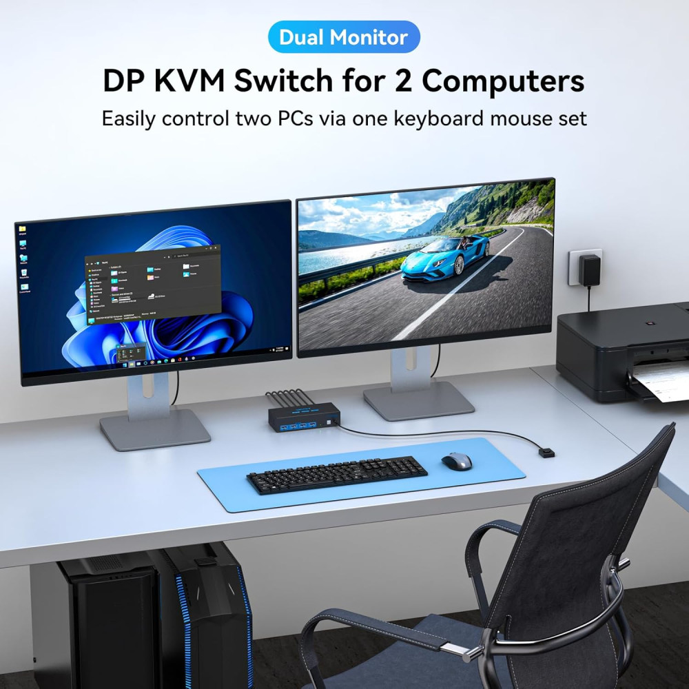 KVM-переключатель VPFET DisplayPort для 2 компьютеров и 2 мониторов