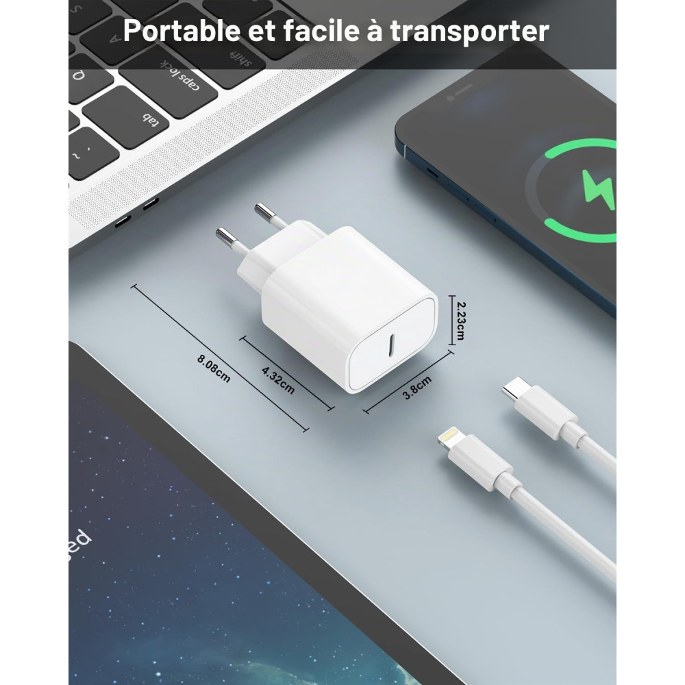 Сетевое зарядное устройство AINPOW 20 Вт с кабелем USB-C – Lightning 2 м для iPhone и iPad