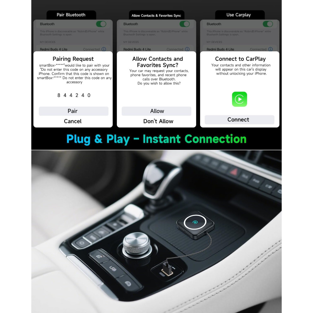 Беспроводной адаптер ecomoment 2-в-1 для Apple CarPlay и Android Auto с USB-A/USB-C