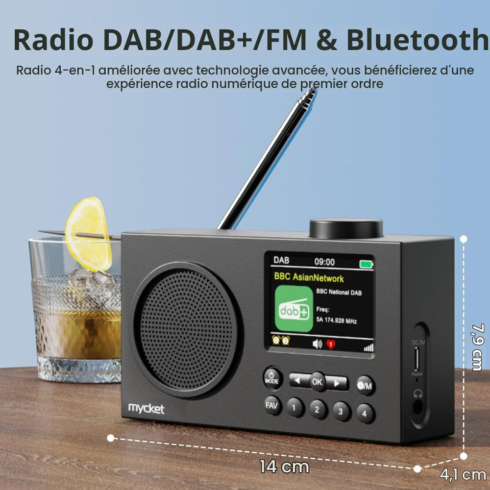 Портативное цифровое радио Mycket DAB/DAB+/FM с Bluetooth 5.0, цветным дисплеем и аккумулятором