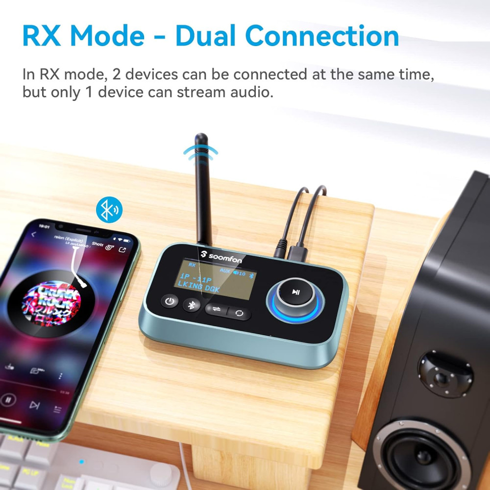 Приемник-передатчик 3 в 1 SOOMFON Bluetooth 5.0 для телевизора на 2 наушника с ЖК-дисплеем
