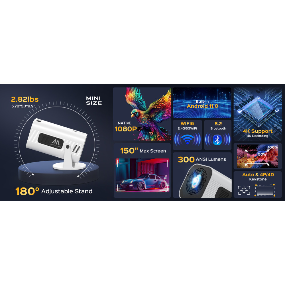 Мини-проектор AUBOR MENTECH 1080P с Android TV 11.0, 150-дюймовый, поддержка 2.4G/5G Wi-Fi