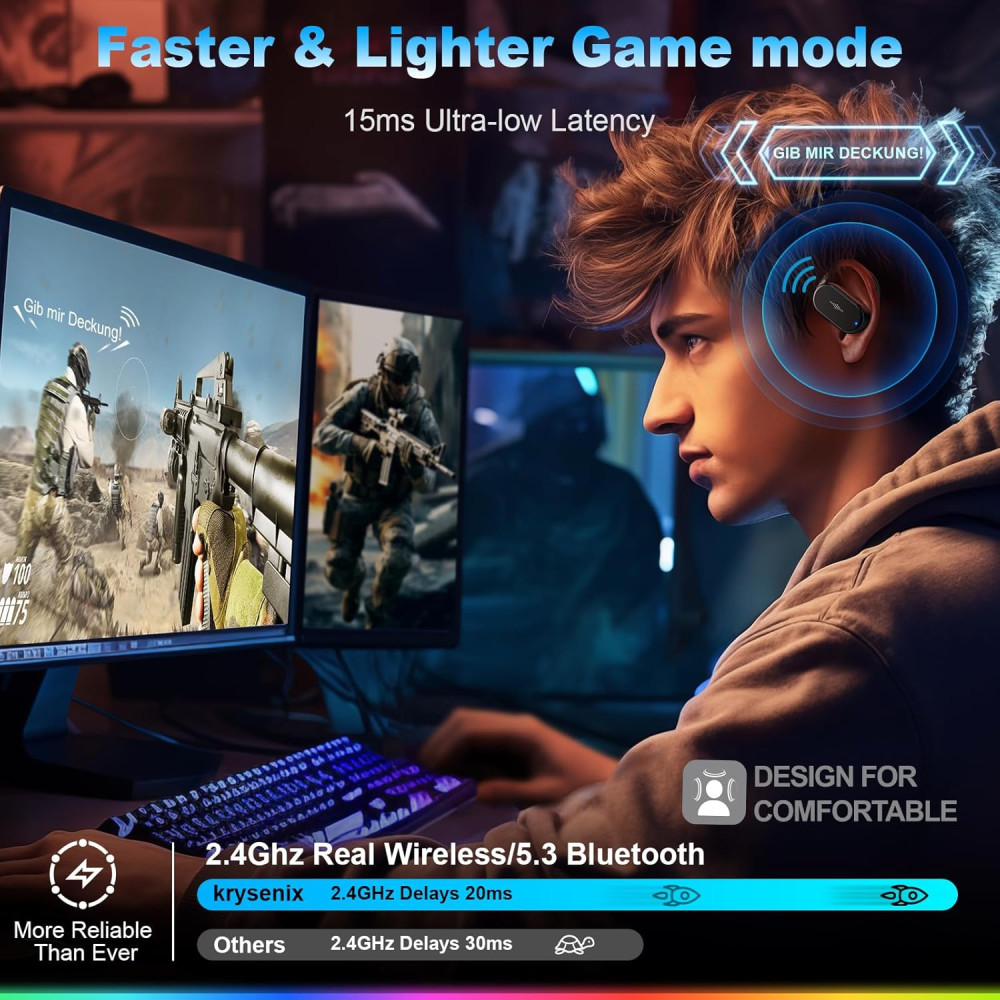 Ігрові навушники Krysenix для ПК, PS4, PS5, Switch, VR, з ключем 2,4 ГГц з мікрофоном