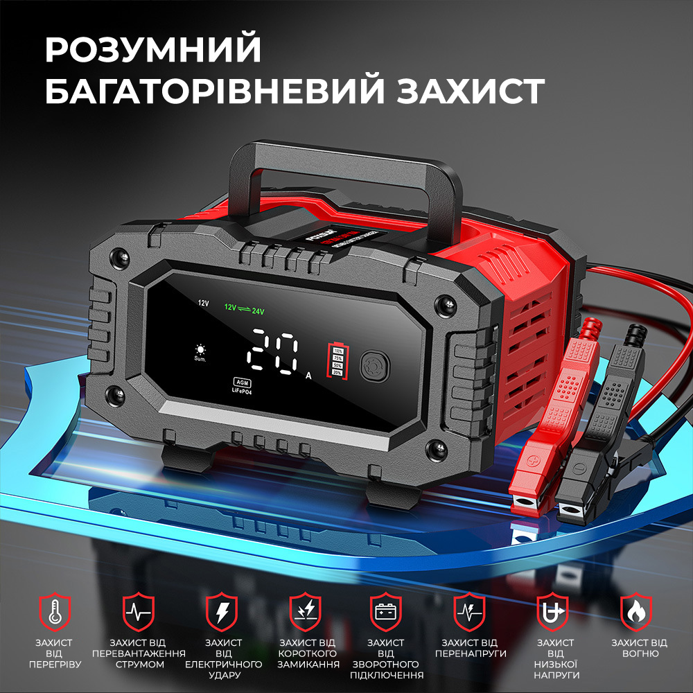 Зарядное интеллектуальное устройство 20 А 12V20A/24V10A для кислотных, гелевых аккумуляторов