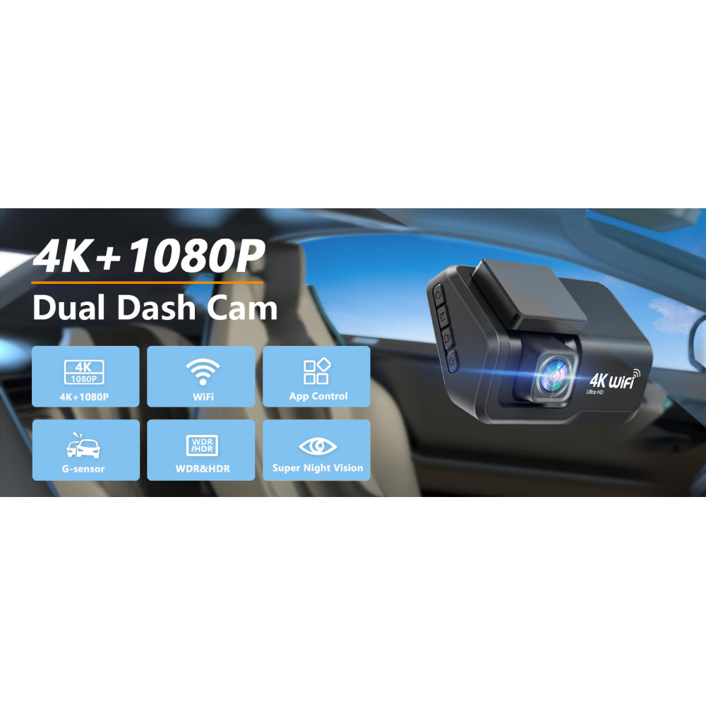Двухканальный видеорегистратор Otovoda Передняя и задняя камера 4K+1080P WiFi с приложением