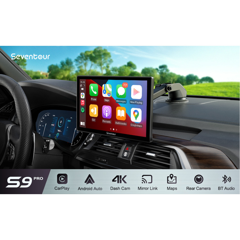 Автомагнитола на торпеду 9-дюймов CarPlay Seventour передняя/задняя камера, 4K 1080P
