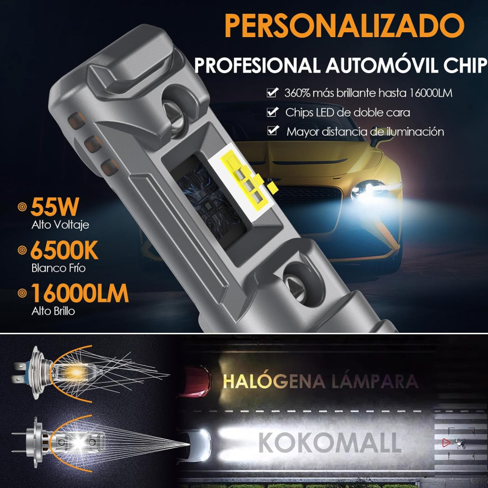 Автомобільні фари, LED лампи H7 KOKOMALL 55 Вт, 16000 ЛМ, 6500 К, білий
