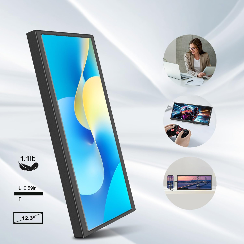 Портативный монитор Prechen 12,3-дюйма HDMI, USBC, 1920 x 720 IPS, угол обзора 178°