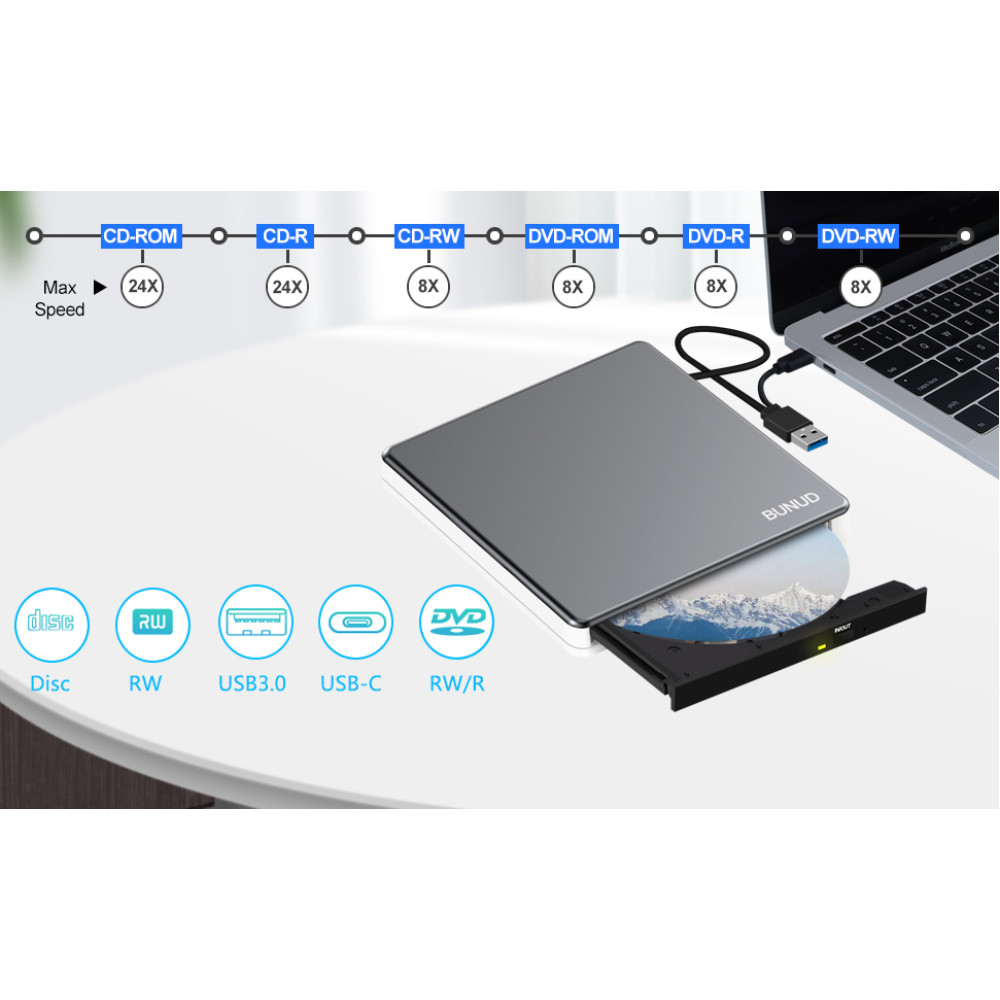 Внешний CD/DVD-привод BUNUD слот для карт SD/TF, 2 порта USB и micro USB.
