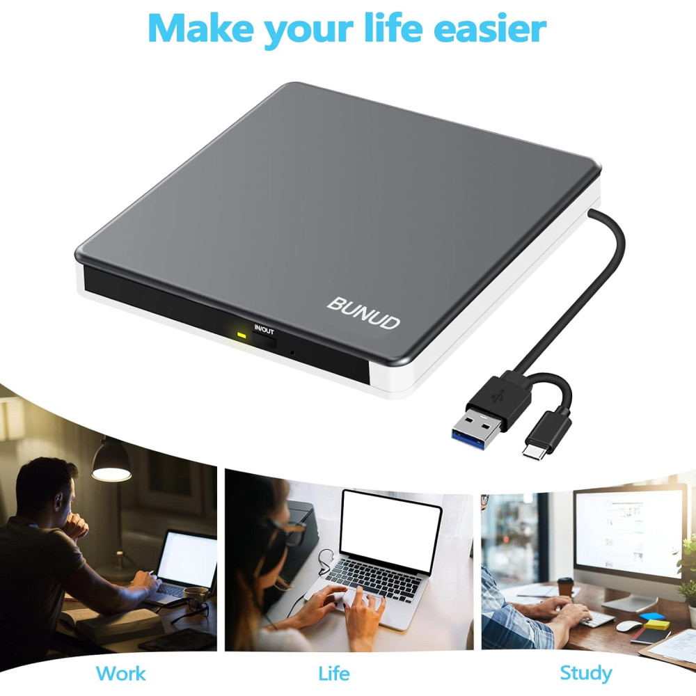 Внешний CD/DVD-привод BUNUD слот для карт SD/TF, 2 порта USB и micro USB.