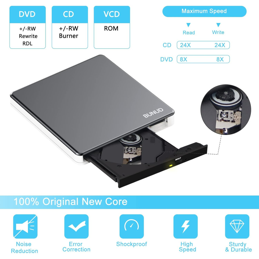 Внешний CD/DVD-привод BUNUD слот для карт SD/TF, 2 порта USB и micro USB.