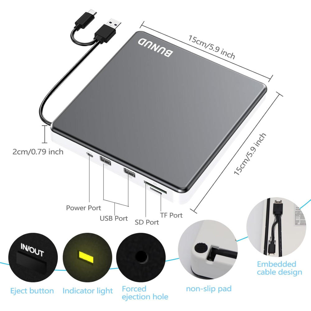 Внешний CD/DVD-привод BUNUD слот для карт SD/TF, 2 порта USB и micro USB.