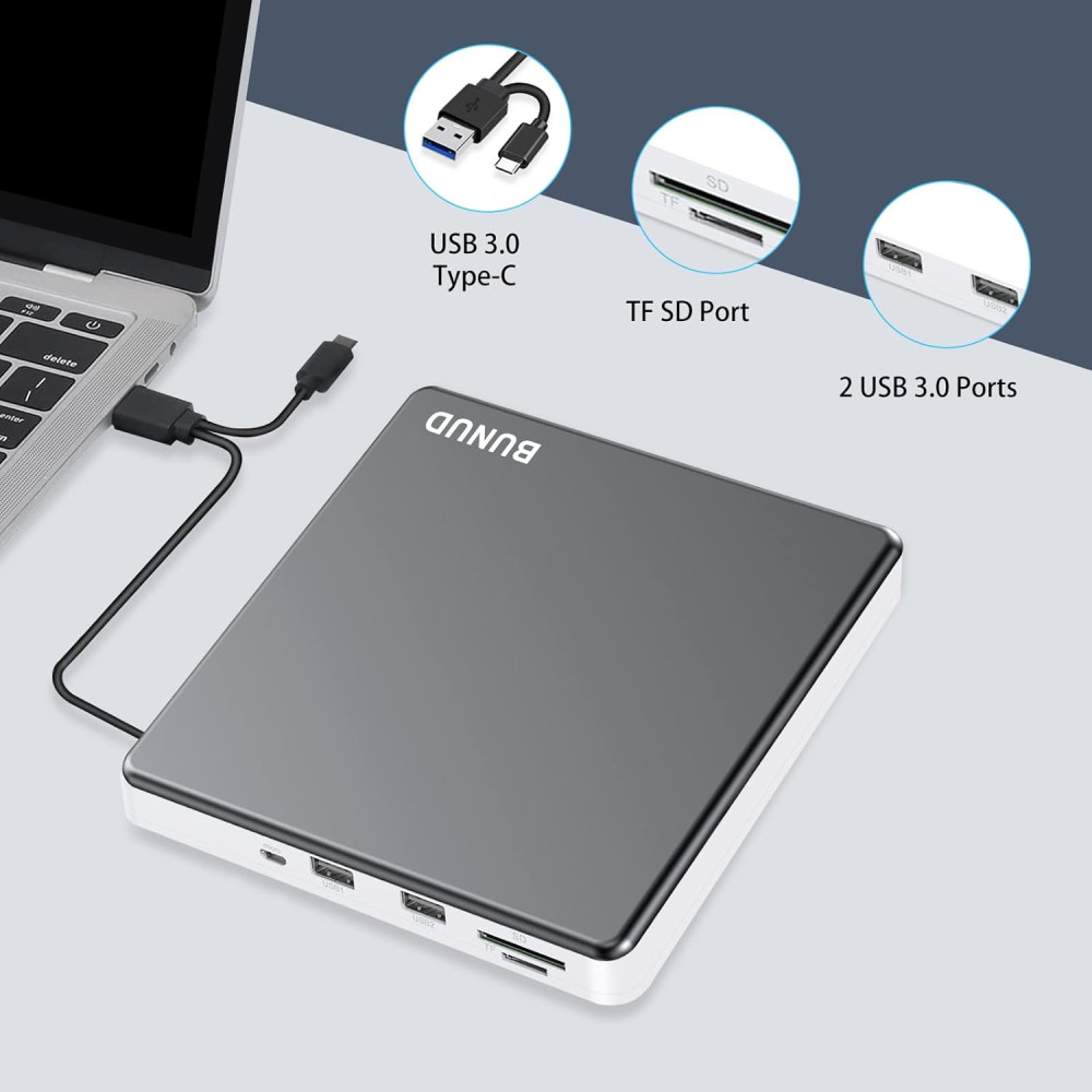 Внешний CD/DVD-привод BUNUD слот для карт SD/TF, 2 порта USB и micro USB.