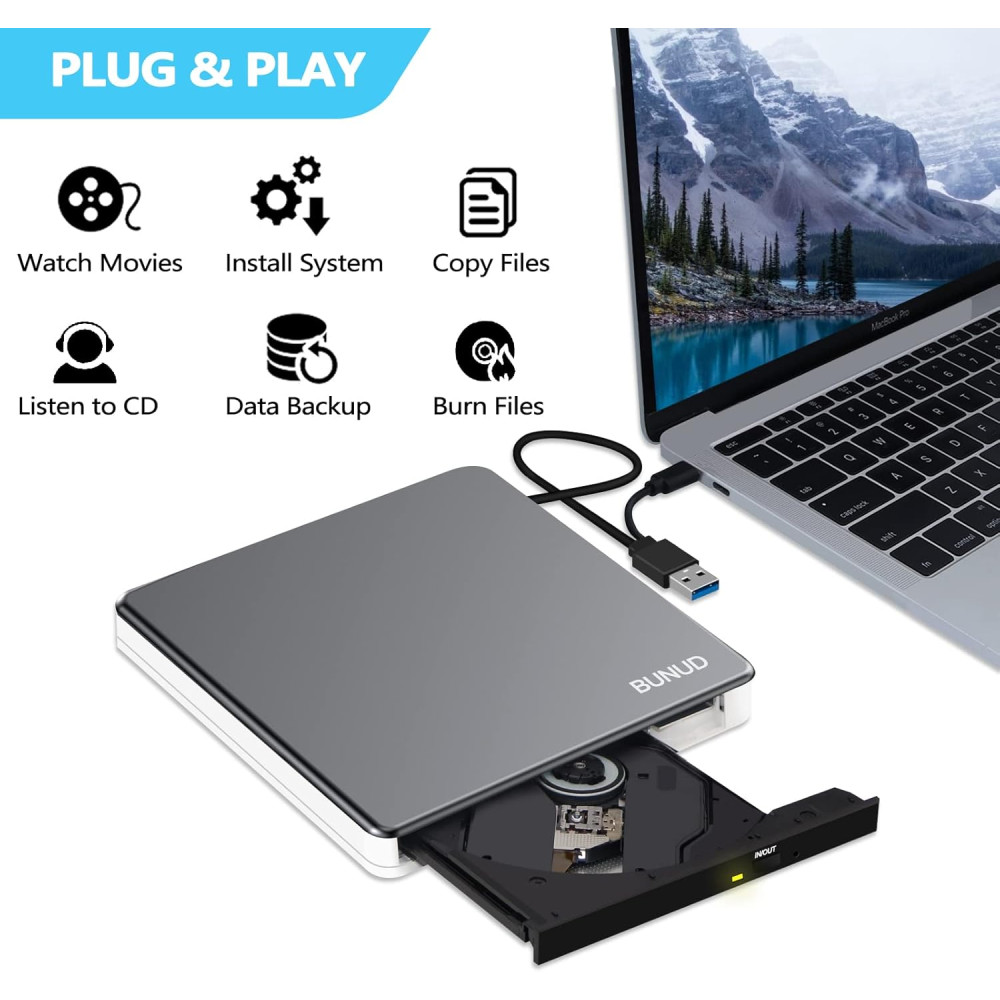 Внешний CD/DVD-привод BUNUD слот для карт SD/TF, 2 порта USB и micro USB.
