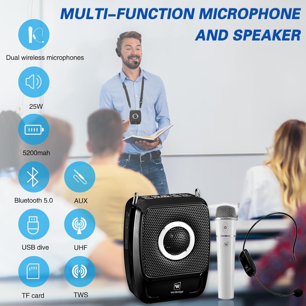 Усилитель голоса WinBridge с двумя микрофонами, мегафон, Bluetooth-динамик с микрофоном 