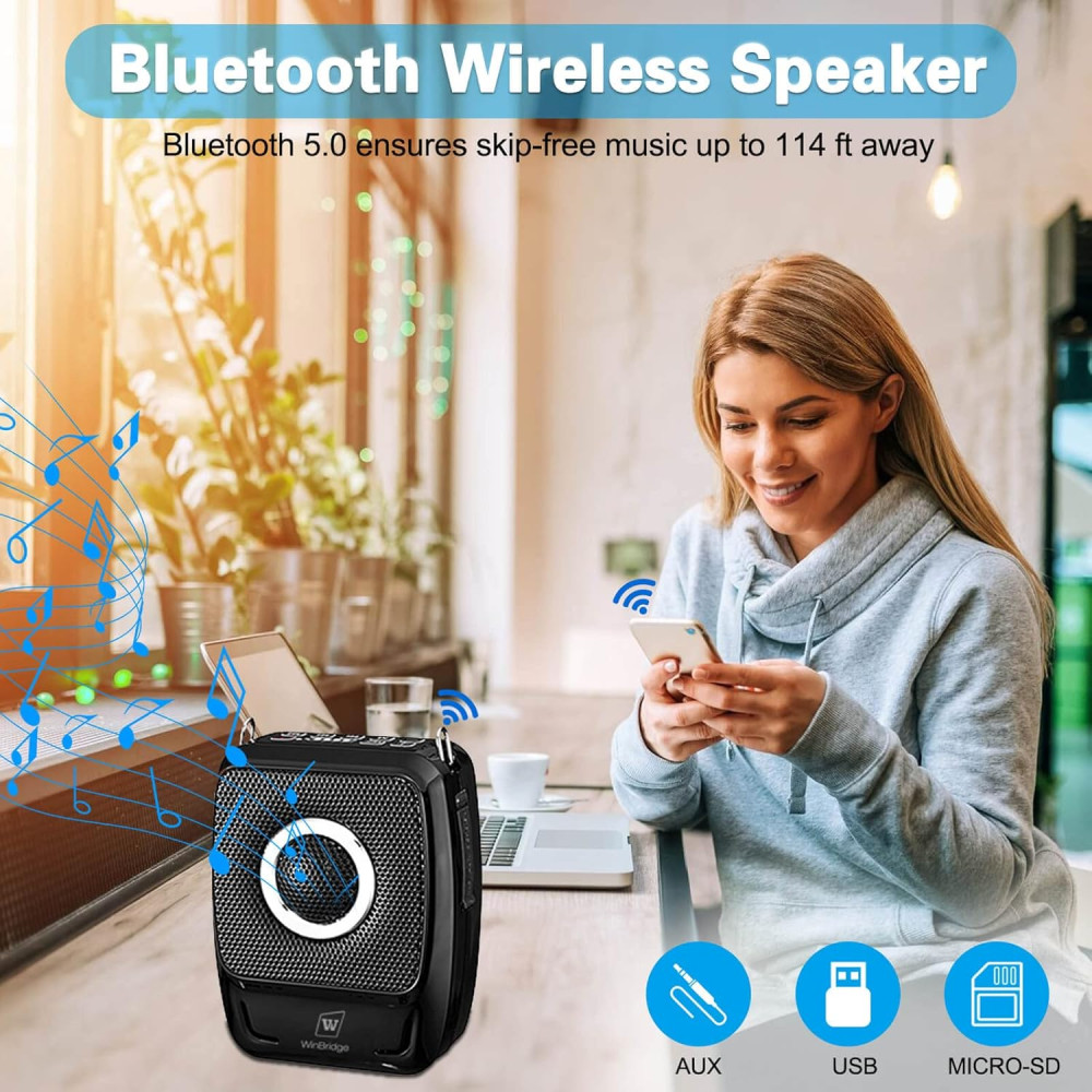 Усилитель голоса WinBridge с двумя микрофонами, мегафон, Bluetooth-динамик с микрофоном 