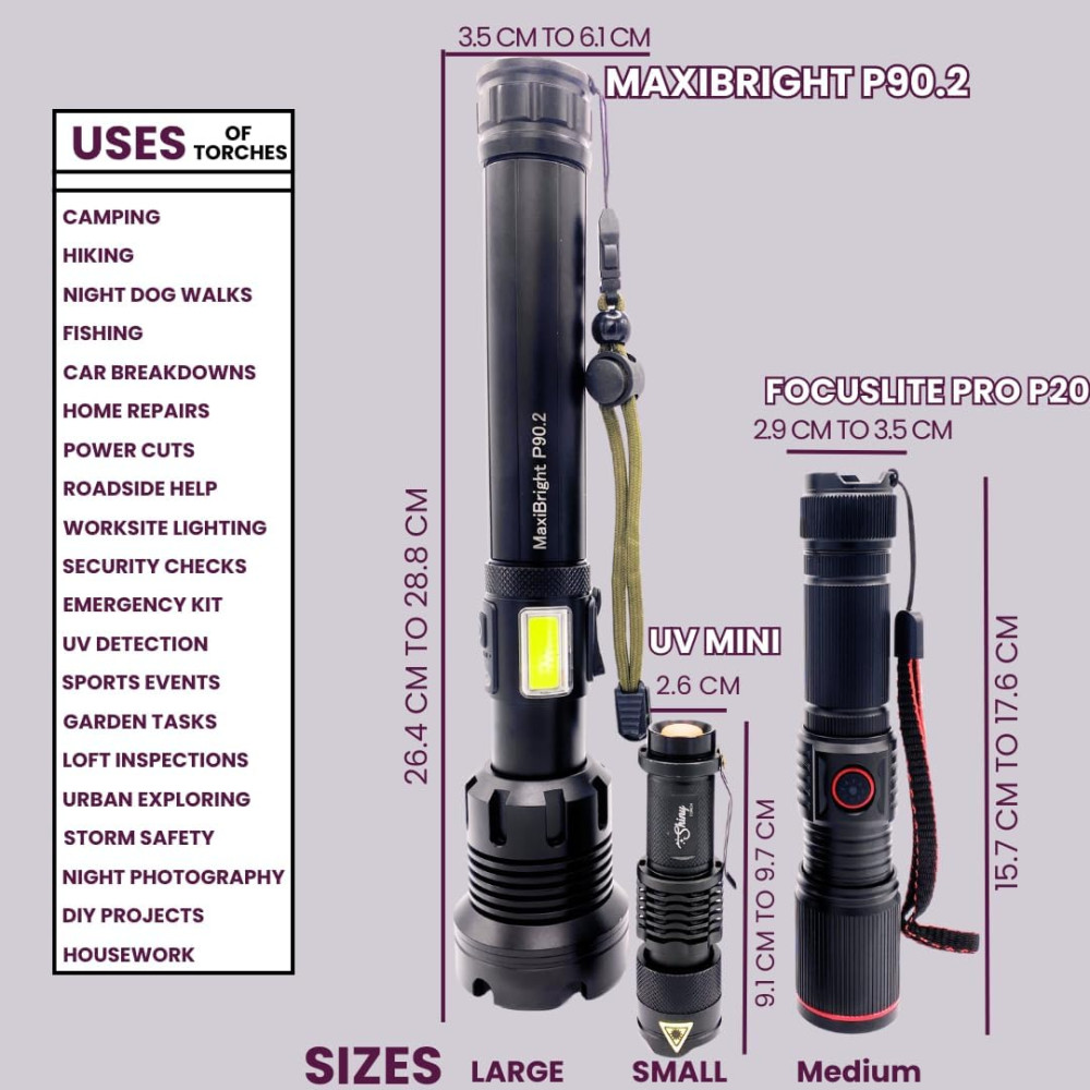 Набор из 3 аккумуляторных фонарей MaxiBright P90.2+ FocusLite Pro P20+ UV Mini, с функцией Power Bank