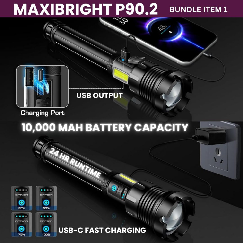 Набор из 3 аккумуляторных фонарей MaxiBright P90.2+ FocusLite Pro P20+ UV Mini, с функцией Power Bank