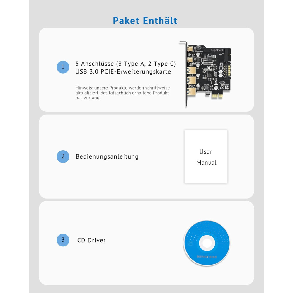 5-портовая карта, плата расширения SupaGeek USB 3.0 PCI-E (2 порта USB-C и 3 порта USB-A) для ПК