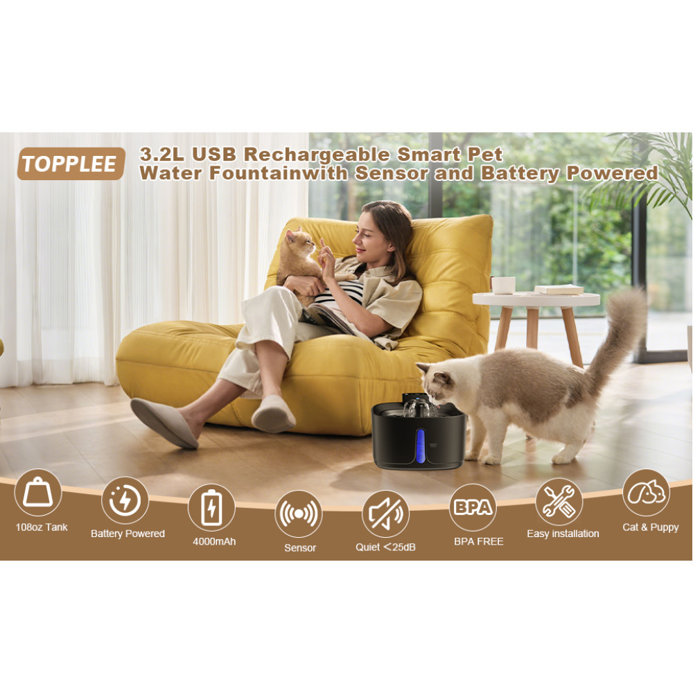 Поилка TOPPLEE фонтан для кошек, собак 3,2 л, аккумуляторный 4000 мАч, с датчиком движения